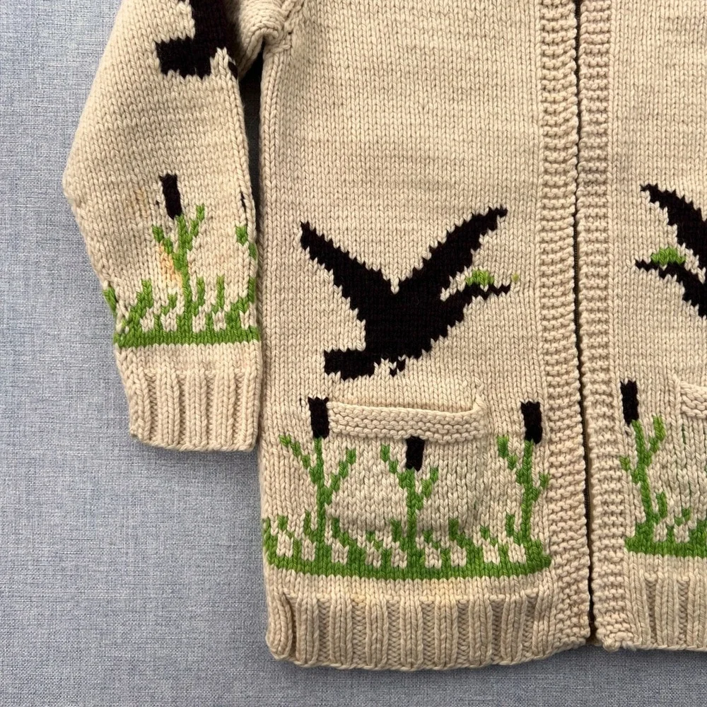 Vintage 60s Mary Maxim Cowichan Duck Hunting Wool Cardigan Men Medium Cream